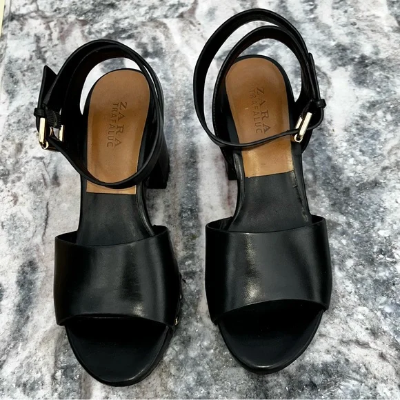 ZARA Anklestrap Wooden Clogs Black LEATHER SANDALS with Studs Size 38 - Picture 4 of 11